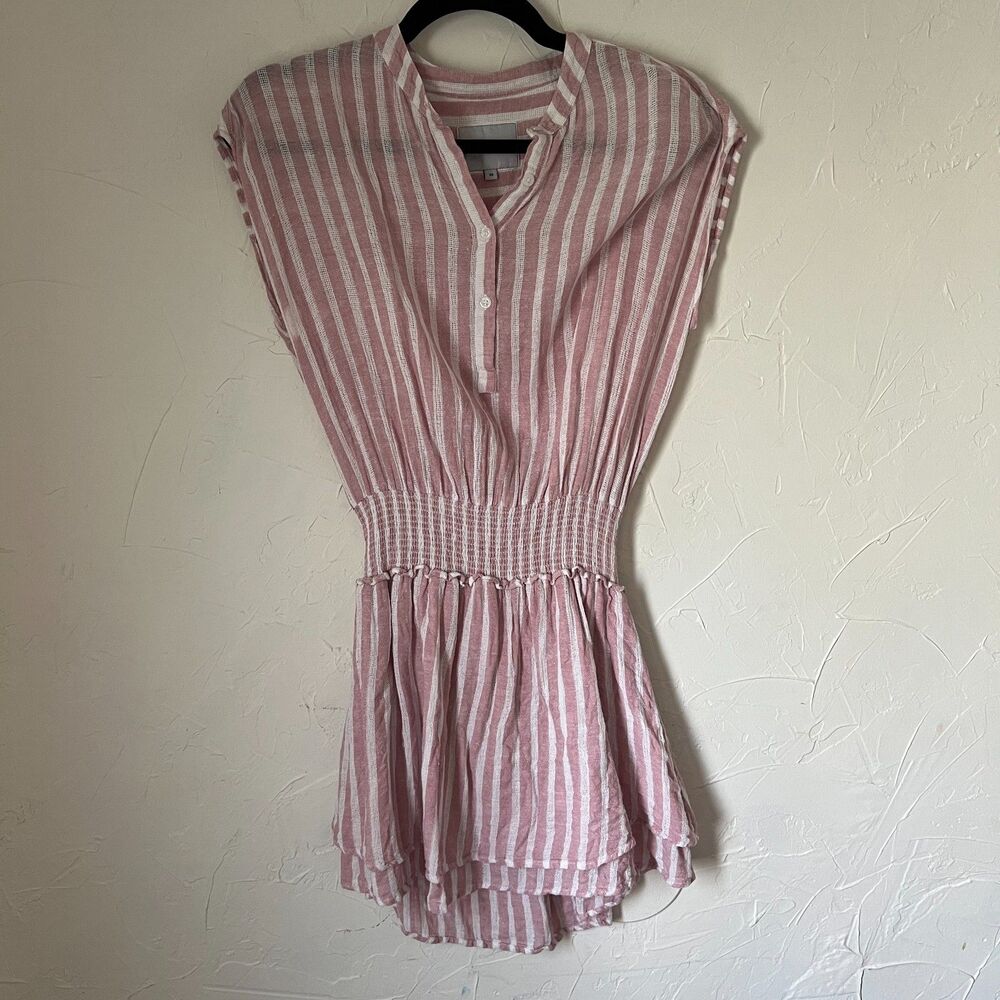 Rails Angelina Rose Stripe Linen Blend Smocked Waist Mini Dress Vacation Size XS